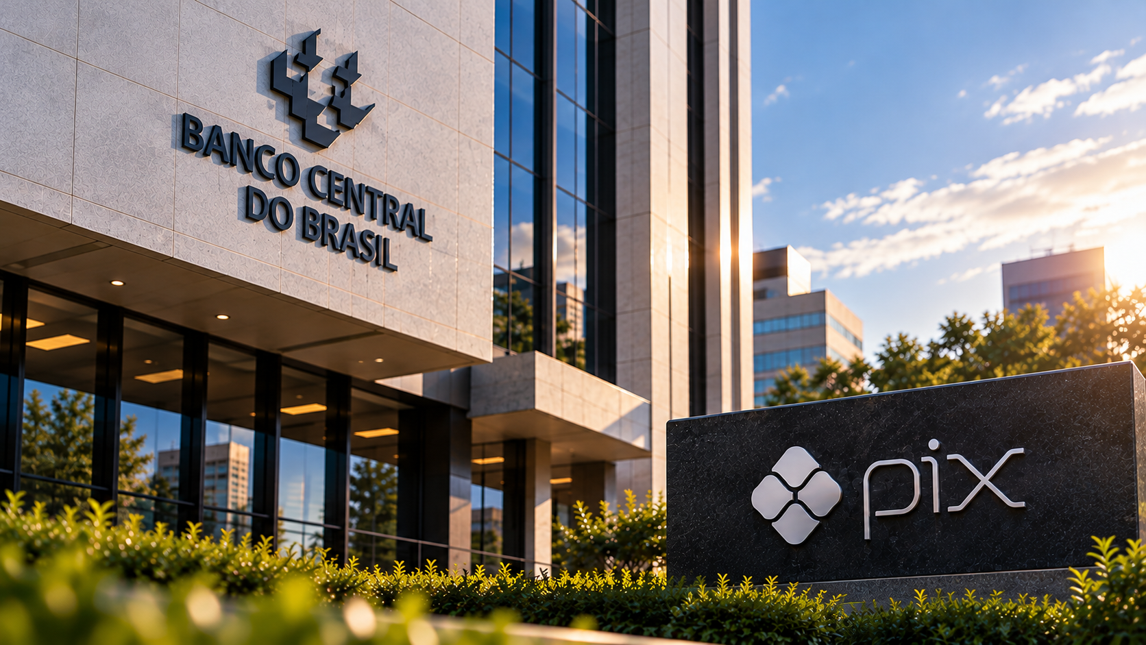 Fachada fictícia do Banco Central do Brasil e placa escrito "pix". Fim de tarde e ângulo de cima pra baixo.