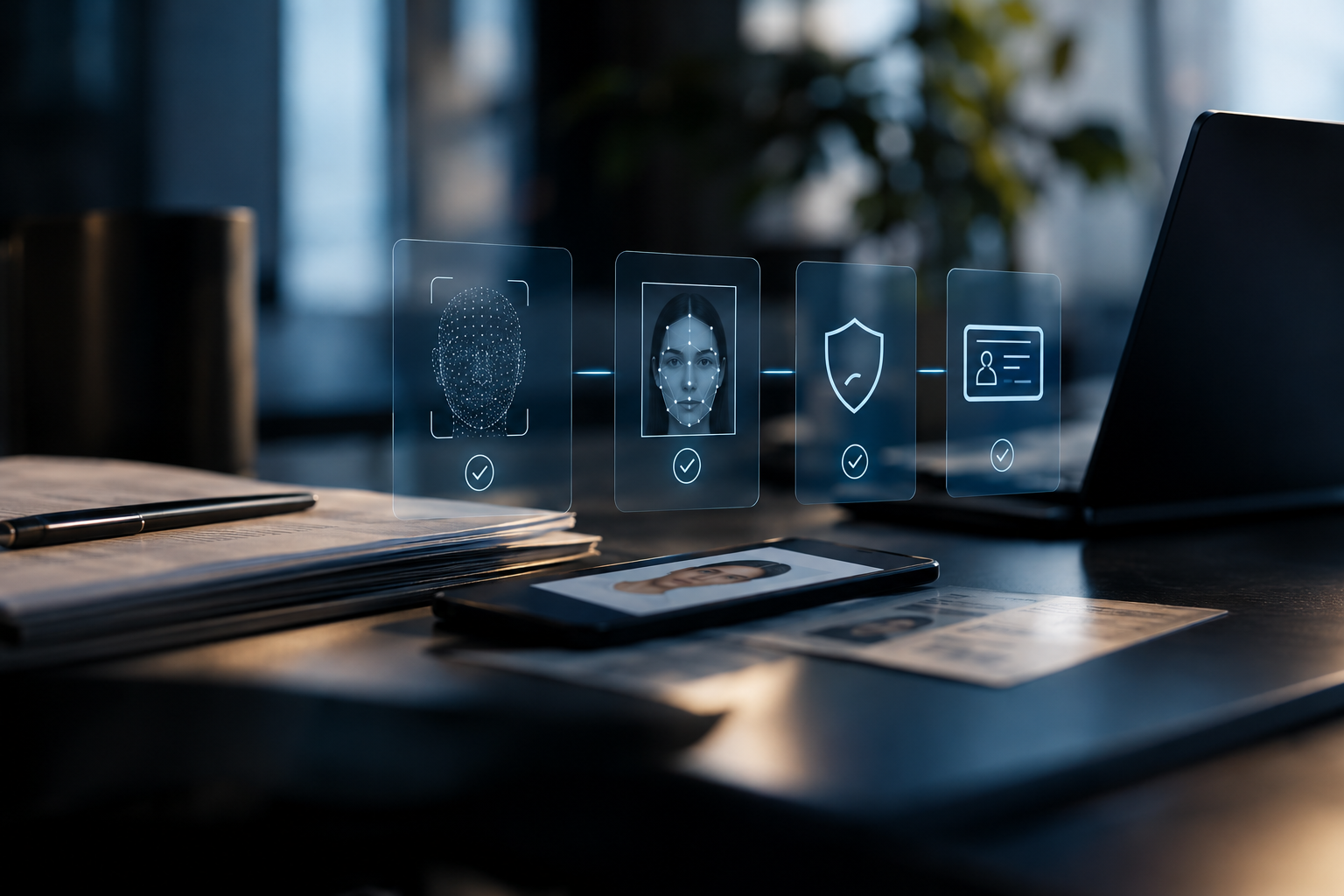 Profissional realizando verificação de identidade digital no escritório