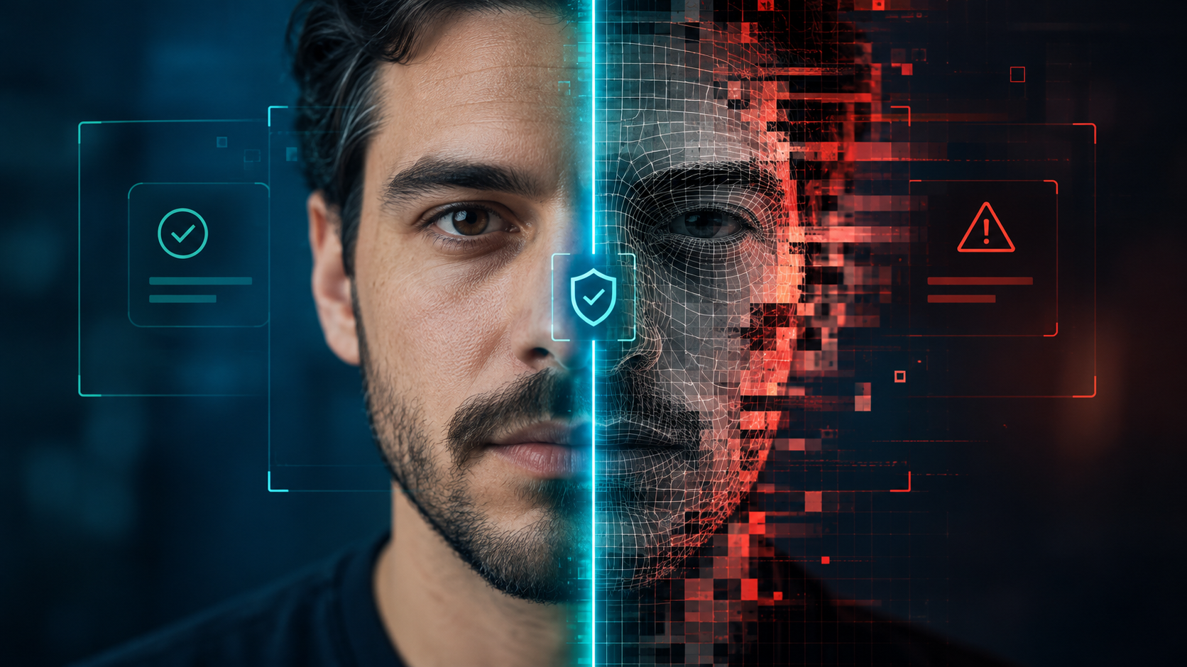 Rosto dividido entre real e sintético representando deepfake na prova de vida biométrica