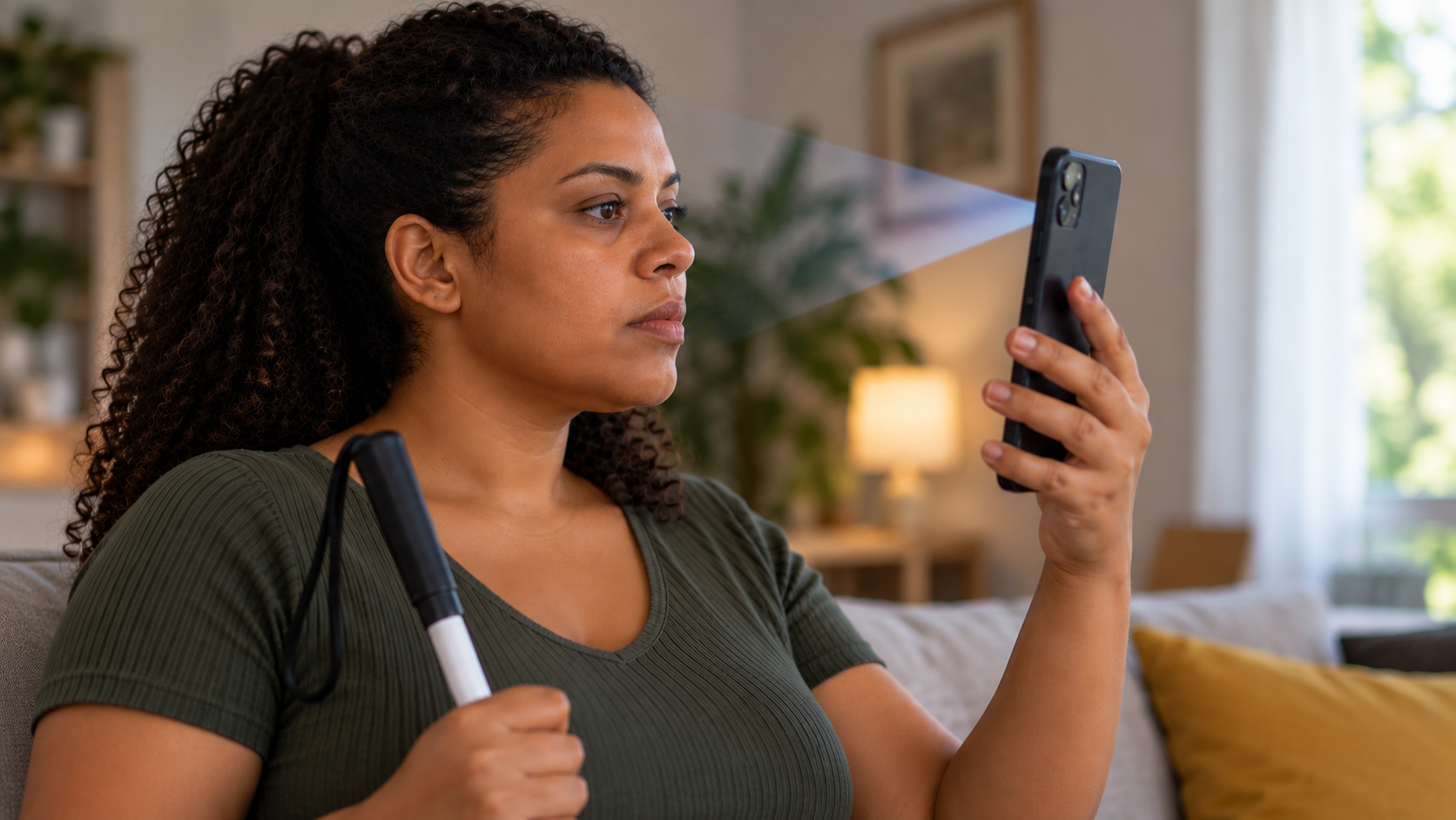 Mulher usando reconhecimento facial no celular em casa