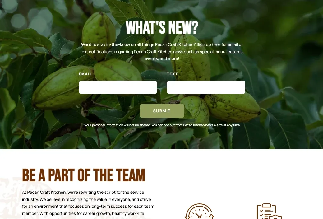 Screenshot of the Pecan Craft Kitchen website