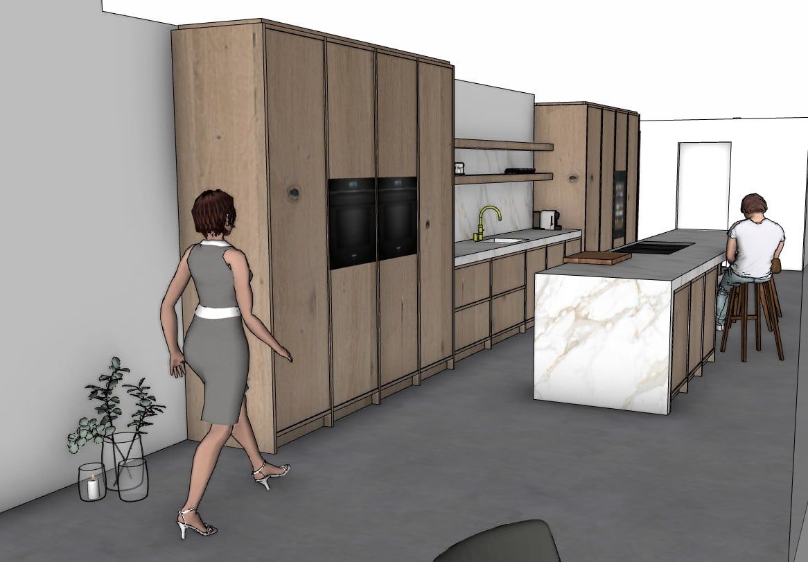 Ontwerptekening van de eiken keuken met marmerlook: hoge kasten met twee ovens, open planken en een kookeiland