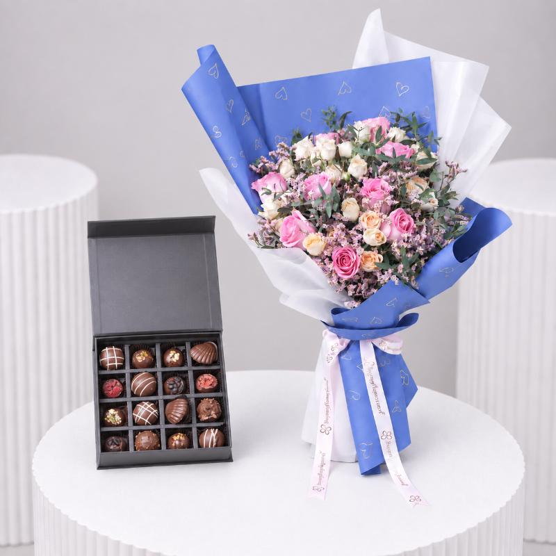 Pastel Paradise Roses Bouquet With Chocolate in Dubai