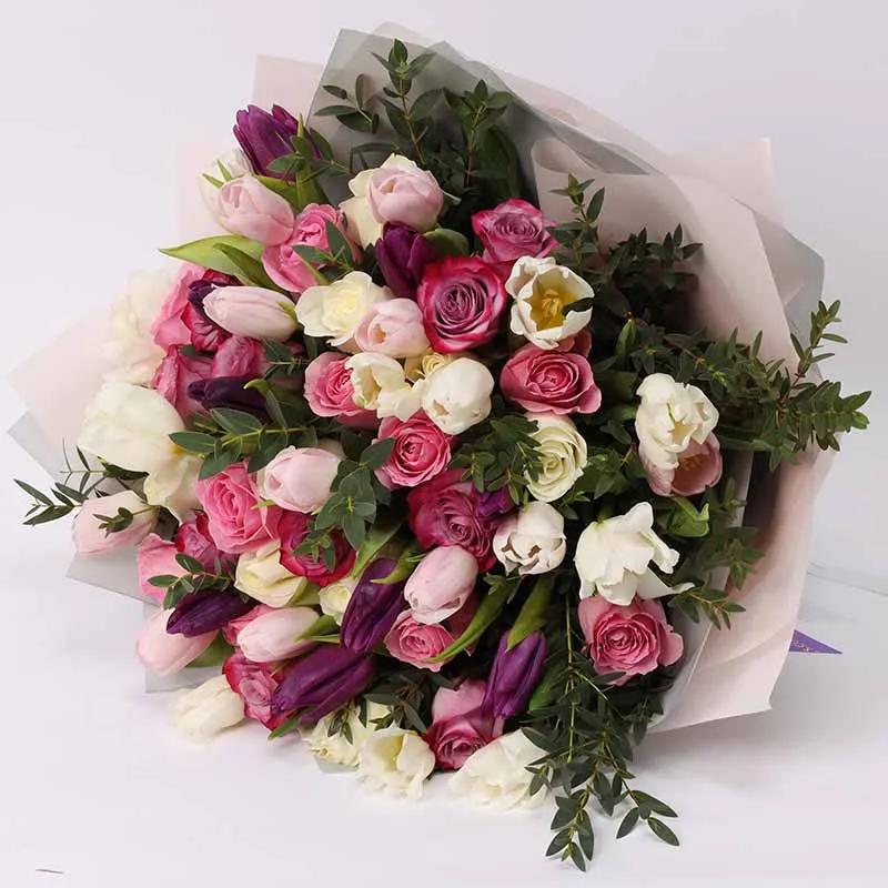 Modest 60 Roses and Tulips Bouquet thumbnail 3