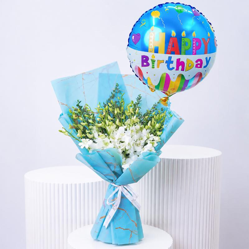 15 White Orchid and Birthday Balloon Duo - Gift Sets gift from Buy Any Flowers Dubai in Al Quoz Industrial Area 4, Dubai, UAE
