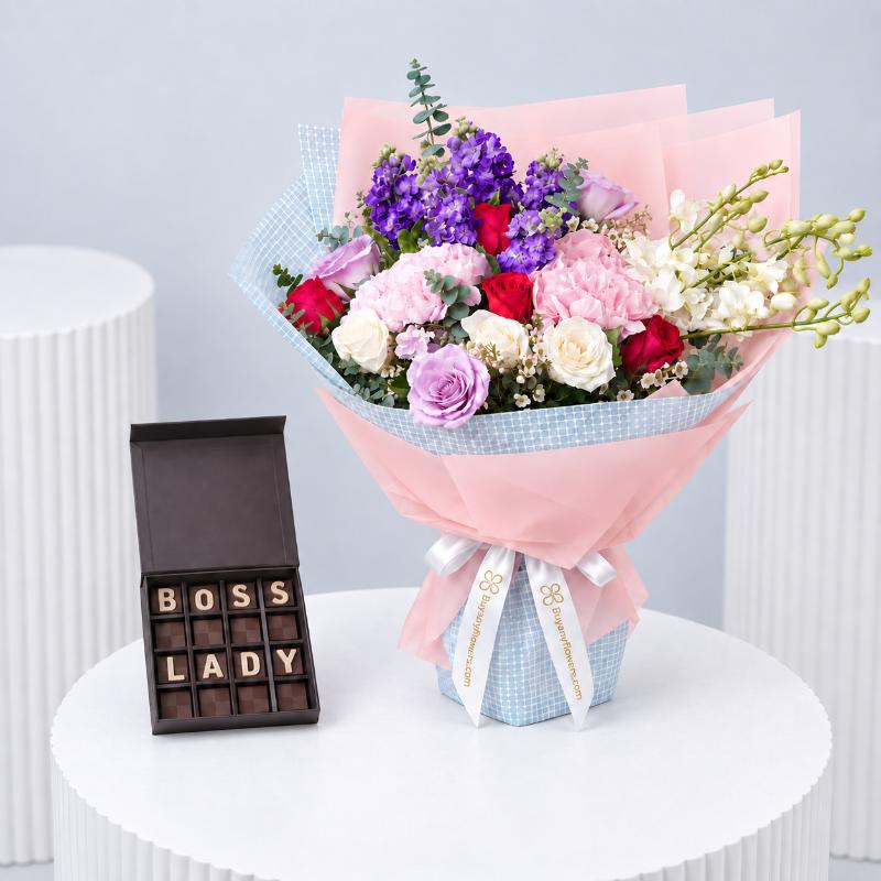 Floral Blush Mix Flower Bouquet With Chocolate - Gift Sets gift from Buy Any Flowers Dubai in Al Quoz Industrial Area 4, Dubai, UAE
