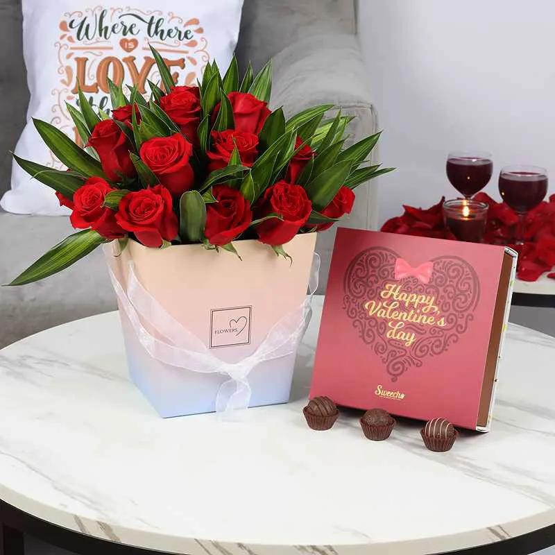 Box of Love 21 Red Roses with Valentine Chocolates By Sweecho