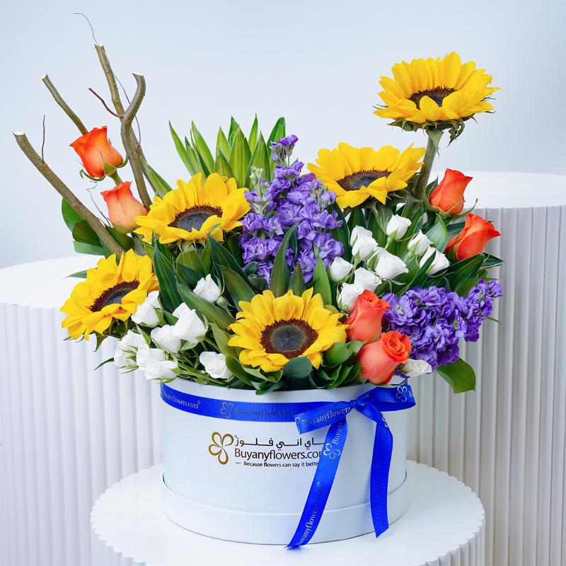 Dawn Sunflower and Roses Arrangement - Flowers gift from Buy Any Flowers Dubai in Al Quoz Industrial Area 4, Dubai, UAE