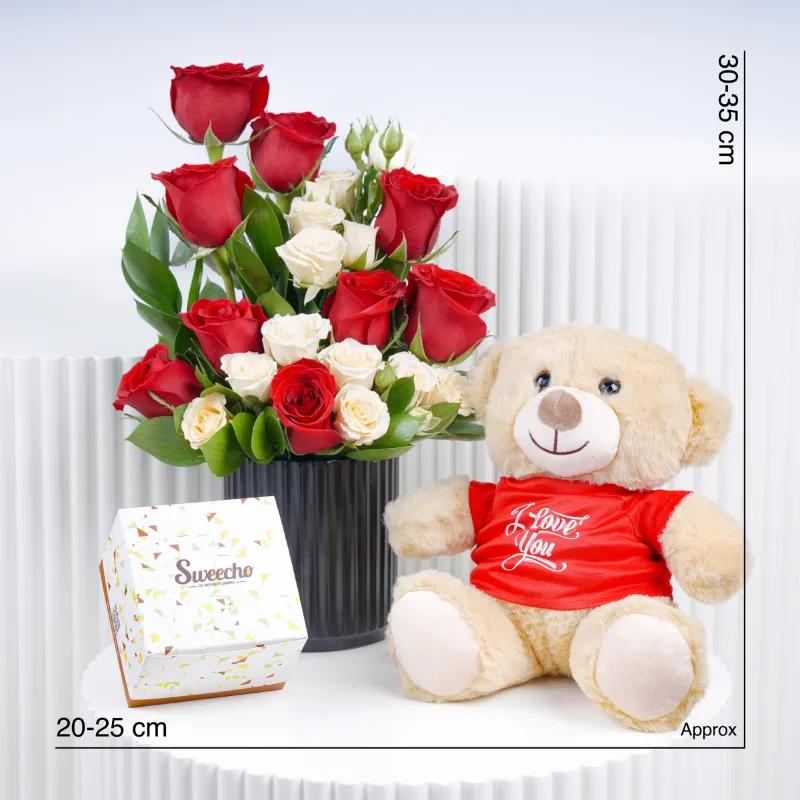 Beauty 11 Red and Peach Roses Arrangement Trio - Gift Sets gift from Buy Any Flowers Dubai in Al Quoz Industrial Area 4, Dubai, UAE - image 4