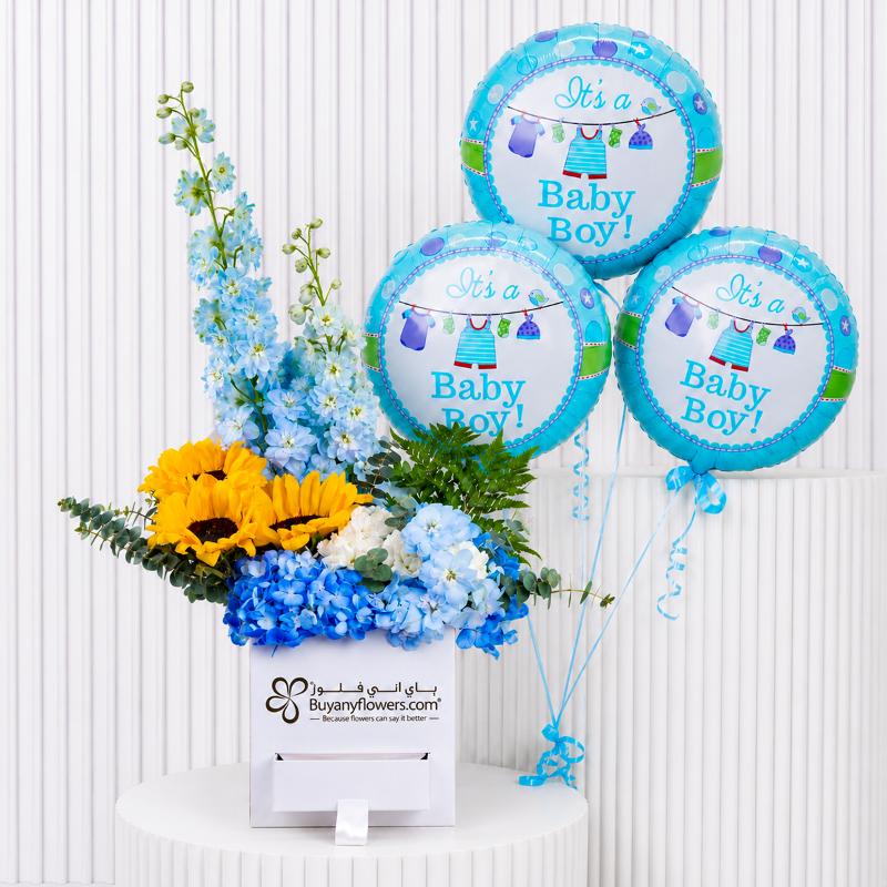 Sun and Sky Harmony and Baby Boy Balloons - Gift Sets gift from Buy Any Flowers Dubai in Al Quoz Industrial Area 4, Dubai, UAE