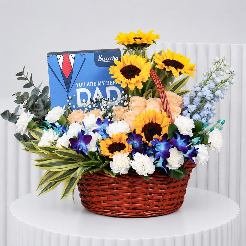 May Hero Flowers Basket and Chocolates - Gift Sets gift from Buy Any Flowers Dubai in Al Quoz Industrial Area 4, Dubai, UAE