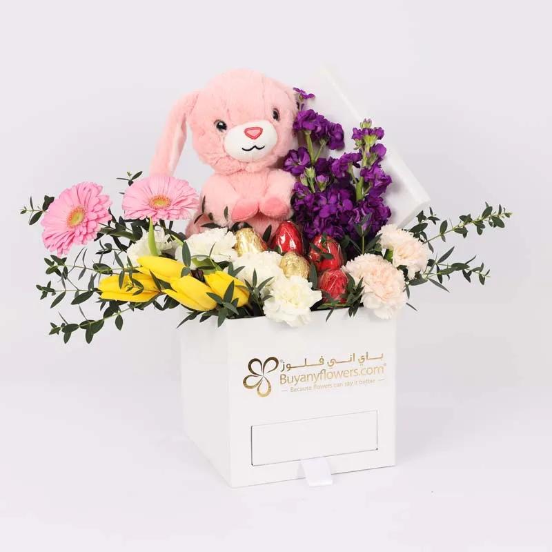 Easter Bunny Eggs and Flower Box Pink - Flowers gift from Buy Any Flowers Dubai in Al Quoz Industrial Area 4, Dubai, UAE