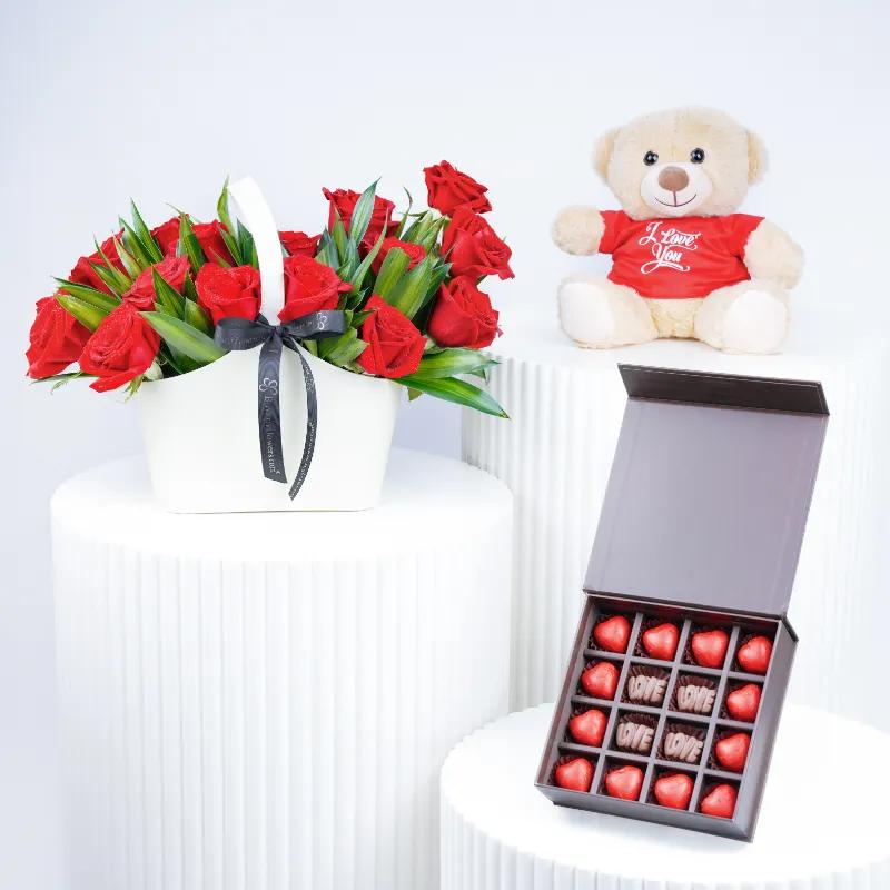 Present 15 Red Roses Box Trio - Gift Sets gift from Buy Any Flowers Dubai in Al Quoz Industrial Area 4, Dubai, UAE