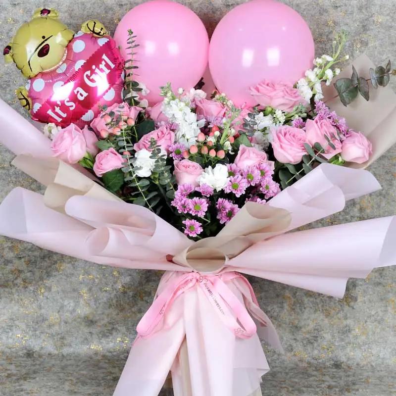 Pink Flowers and Its a Girl Balloons Bouquet - Balloons gift from Buy Any Flowers Dubai in Al Quoz Industrial Area 4, Dubai, UAE - image 2