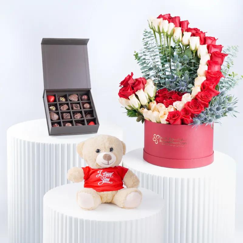 Velvet Blush 65 Roses in Box Trio - Gift Sets gift from Buy Any Flowers Dubai in Al Quoz Industrial Area 4, Dubai, UAE
