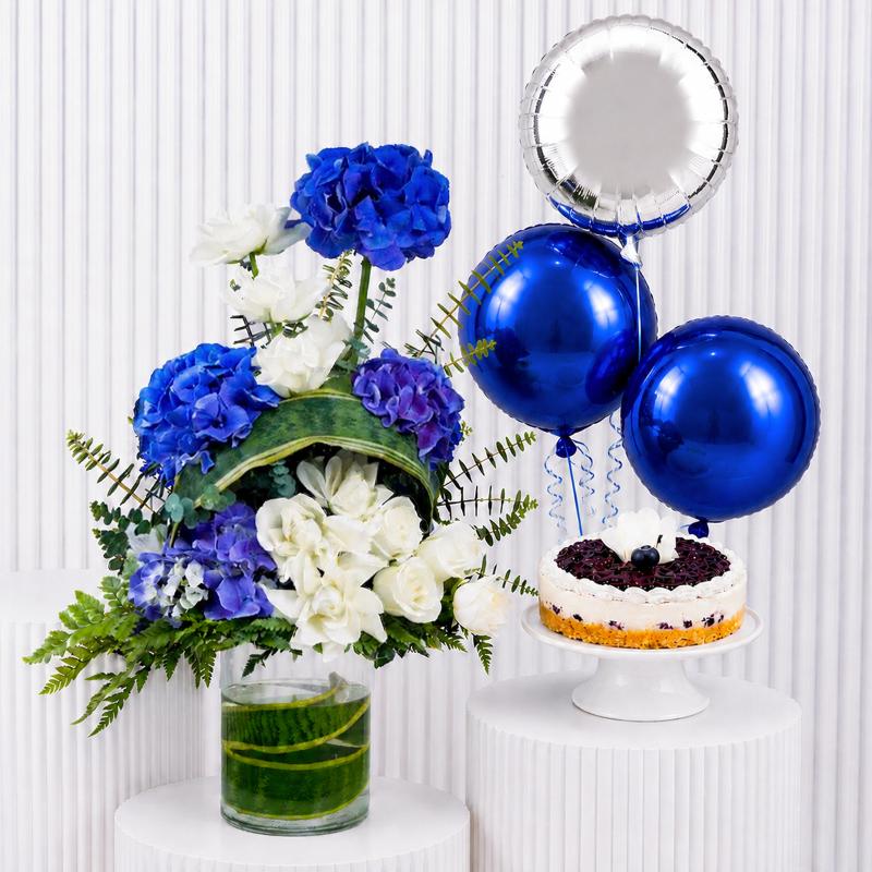 Blue Bliss Flower with Cake and Balloons - Cakes gift from Buy Any Flowers Dubai in Al Quoz Industrial Area 4, Dubai, UAE