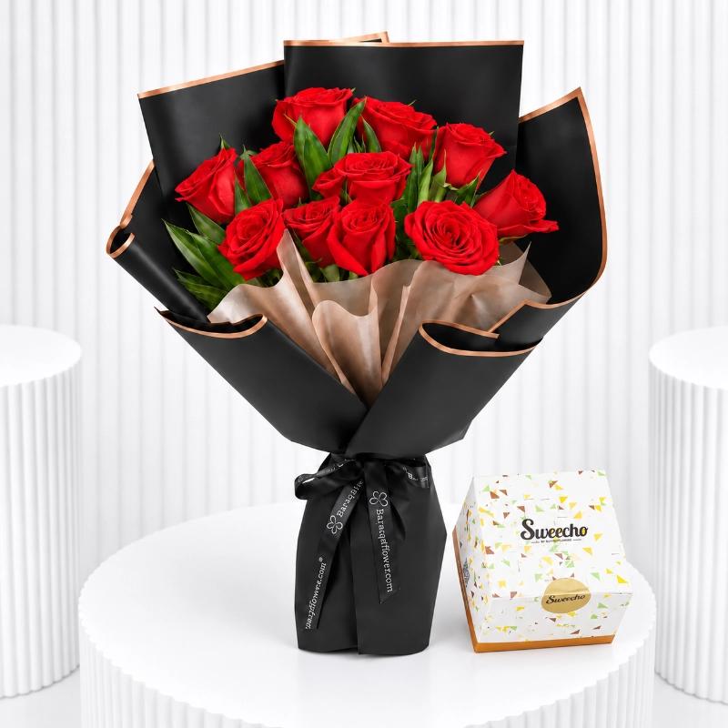 Beauty 11 Red Roses Bouquet with Chocolate - Gift Sets gift from Buy Any Flowers Dubai in Al Quoz Industrial Area 4, Dubai, UAE