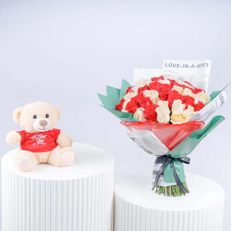 Peach Cherry 51 Roses Bouquet With Teddy - Gift Sets gift from Buy Any Flowers Dubai in Al Quoz Industrial Area 4, Dubai, UAE