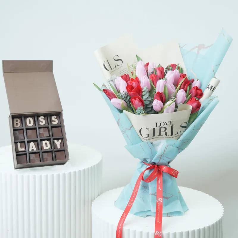 Mysterious 25 Red and Pink Tulips Bouquet With Chocolate - Gift Sets gift from Buy Any Flowers Dubai in Al Quoz Industrial Area 4, Dubai, UAE
