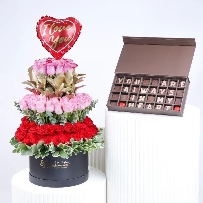 Tower of Love 101 Roses Box and Chocolates - Gift Sets gift from Buy Any Flowers Dubai in Al Quoz Industrial Area 4, Dubai, UAE