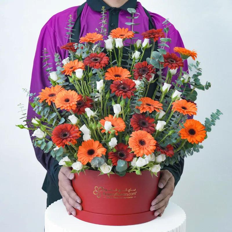 Sunset Gerbera Flower Box With Chocolate - Gift Sets gift from Buy Any Flowers Dubai in Al Quoz Industrial Area 4, Dubai, UAE - image 3