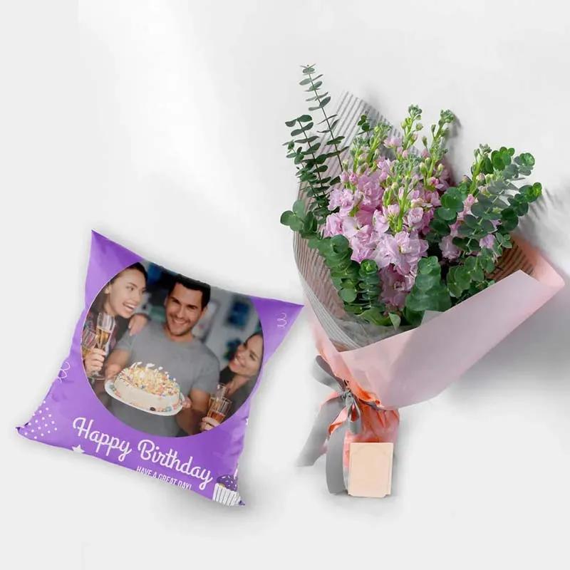 Lovely Matthiola Bouquet and Personalised Cushion - Flowers gift from Buy Any Flowers Dubai in Al Quoz Industrial Area 4, Dubai, UAE