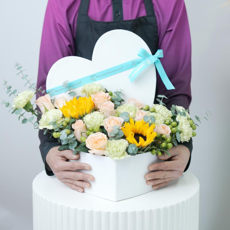 Sunshine Heartshape Flower Box - Flowers gift from Buy Any Flowers Dubai in Al Quoz Industrial Area 4, Dubai, UAE - image 2