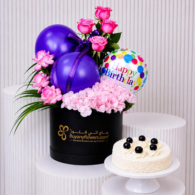 Mauve Birthday Flower and Whiteforest Cake - Gift Sets gift from Buy Any Flowers Dubai in Al Quoz Industrial Area 4, Dubai, UAE