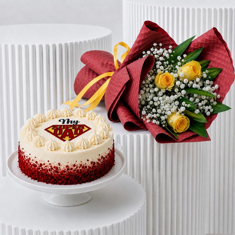 Super Dad Red Velvet Cake and Yellow Rose Bouquet in Dubai