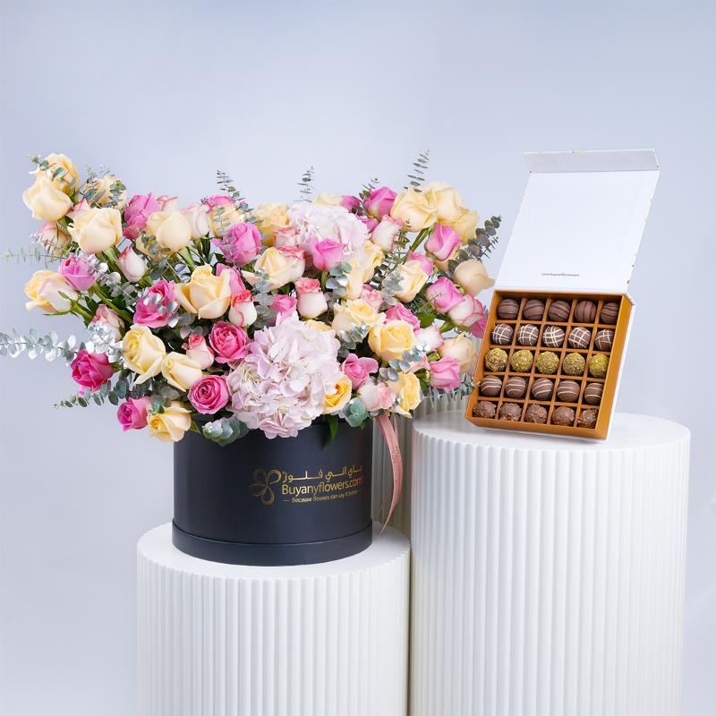 Pastel Journey Flower Box With Chocolate - Gift Sets gift from Buy Any Flowers Dubai in Al Quoz Industrial Area 4, Dubai, UAE