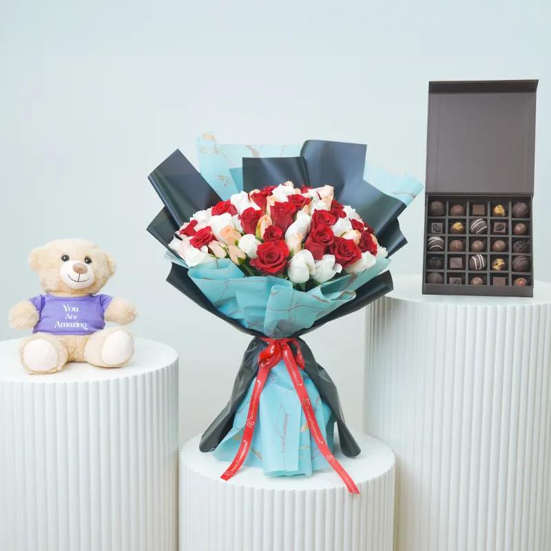 Bold and Beautiful 75 Roses Bouquet Trio - Gift Sets gift from Buy Any Flowers Dubai in Al Quoz Industrial Area 4, Dubai, UAE