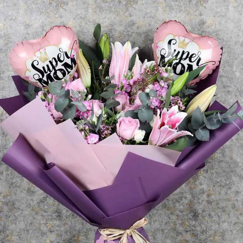 Flowers and Super Mom Balloons Bouquet thumbnail 2