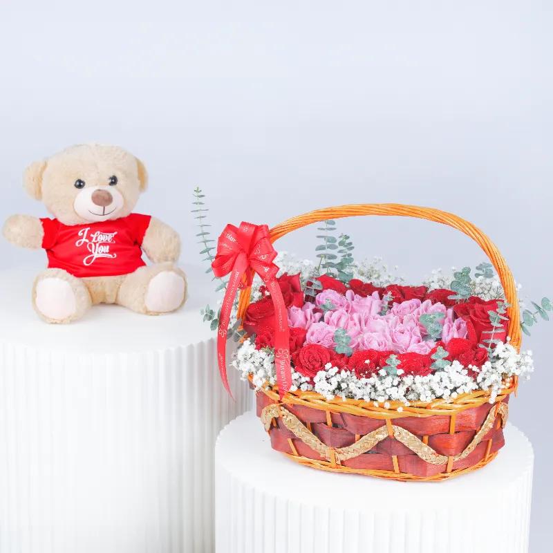 Pure Heart 25 Roses Basket With Teddy - Gift Sets gift from Buy Any Flowers Dubai in Al Quoz Industrial Area 4, Dubai, UAE
