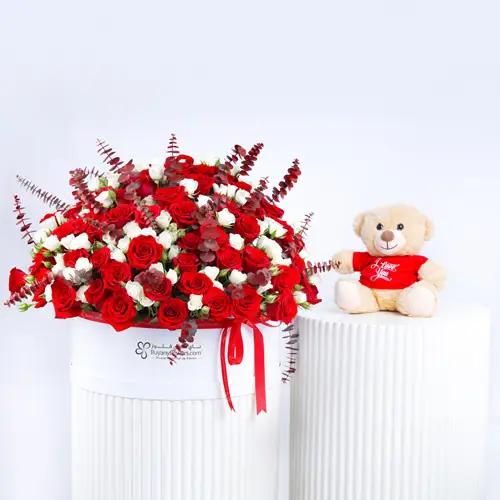 Grand Romance 151 Roses in Box and Teddy - Gift Sets gift from Buy Any Flowers Dubai in Al Quoz Industrial Area 4, Dubai, UAE