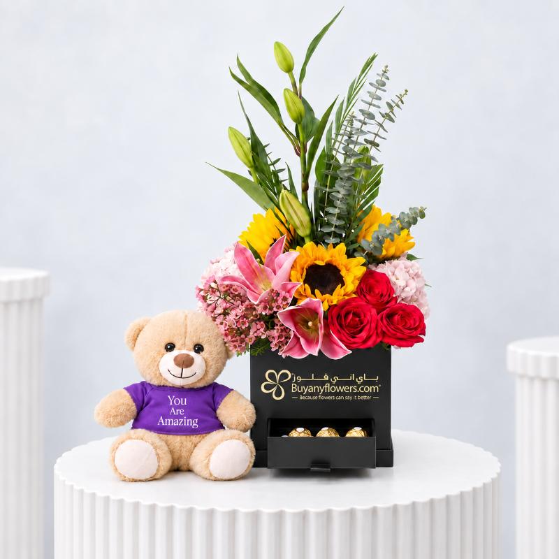 Brightness Flower Box And Teddy Bear in Dubai