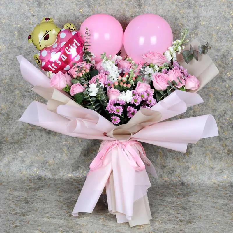 Pink Flowers and Its a Girl Balloons Bouquet - Balloons gift from Buy Any Flowers Dubai in Al Quoz Industrial Area 4, Dubai, UAE