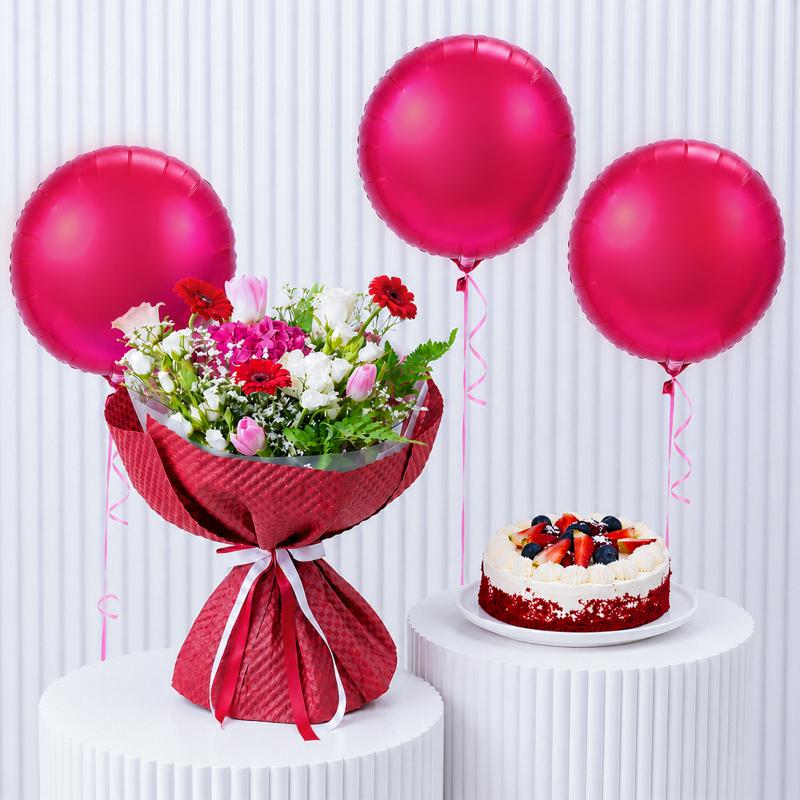 Crimson Flowers with Cake and Balloon in Dubai