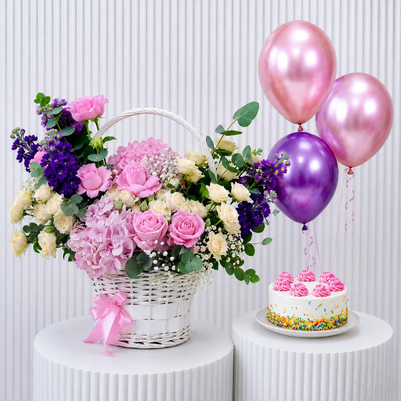 Blossom Flowers with Cake and Balloon - Gift Sets gift from Buy Any Flowers Dubai in Al Quoz Industrial Area 4, Dubai, UAE