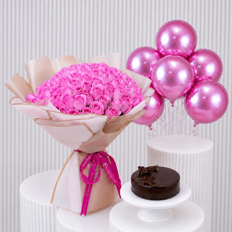 101 Pink roses with Cake and Balloons - Gift Sets gift from Buy Any Flowers Dubai in Al Quoz Industrial Area 4, Dubai, UAE