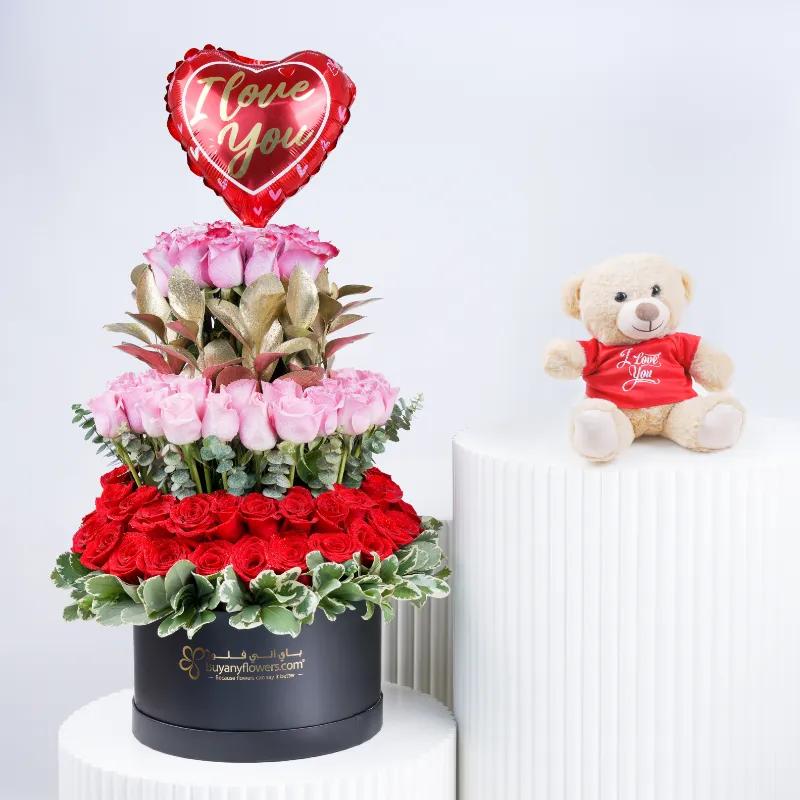 Tower of Love 101 Roses Box and Teddy - Gift Sets gift from Buy Any Flowers Dubai in Al Quoz Industrial Area 4, Dubai, UAE