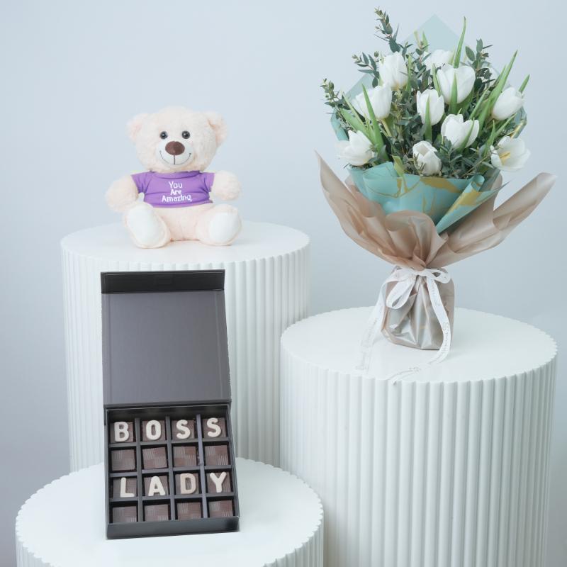 White Beauty 11 Tulips Bouquet Trio - Gift Sets gift from Buy Any Flowers Dubai in Al Quoz Industrial Area 4, Dubai, UAE