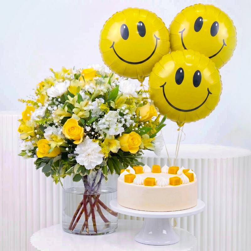 Yellow and White Cake and Balloon Combo - Gift Sets gift from Buy Any Flowers Dubai in Al Quoz Industrial Area 4, Dubai, UAE
