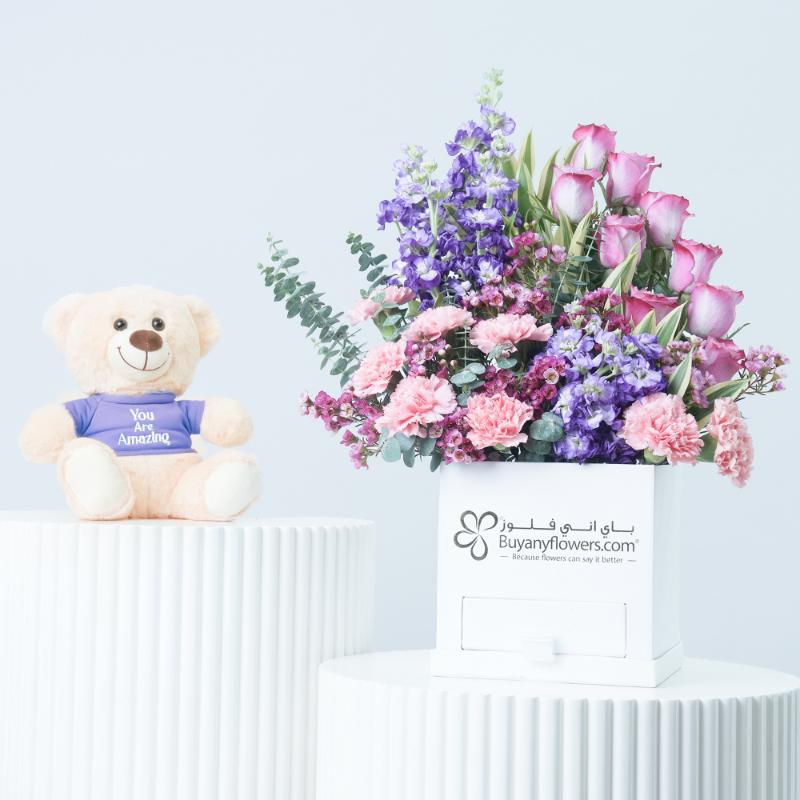 Alluring Flowers and Chocolates Box With Teddy - Gift Sets gift from Buy Any Flowers Dubai in Al Quoz Industrial Area 4, Dubai, UAE