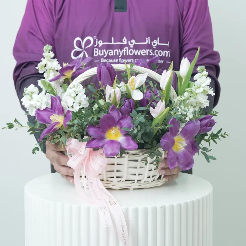 Elegant Purple And White Tulip Basket - Flowers gift from Buy Any Flowers Dubai in Al Quoz Industrial Area 4, Dubai, UAE - image 2