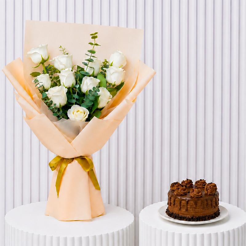 Floral Innocence and Chocolate Mono Cake - Gift Sets gift from Buy Any Flowers Dubai in Al Quoz Industrial Area 4, Dubai, UAE