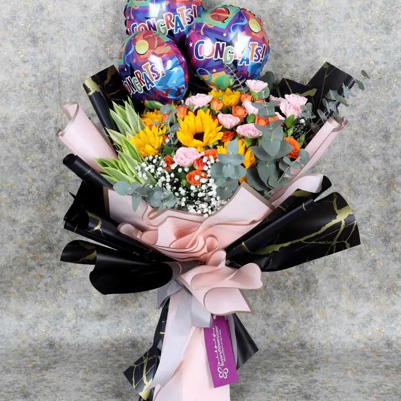 Sunburst Flowers and Congrats Balloons Bouquet thumbnail 2