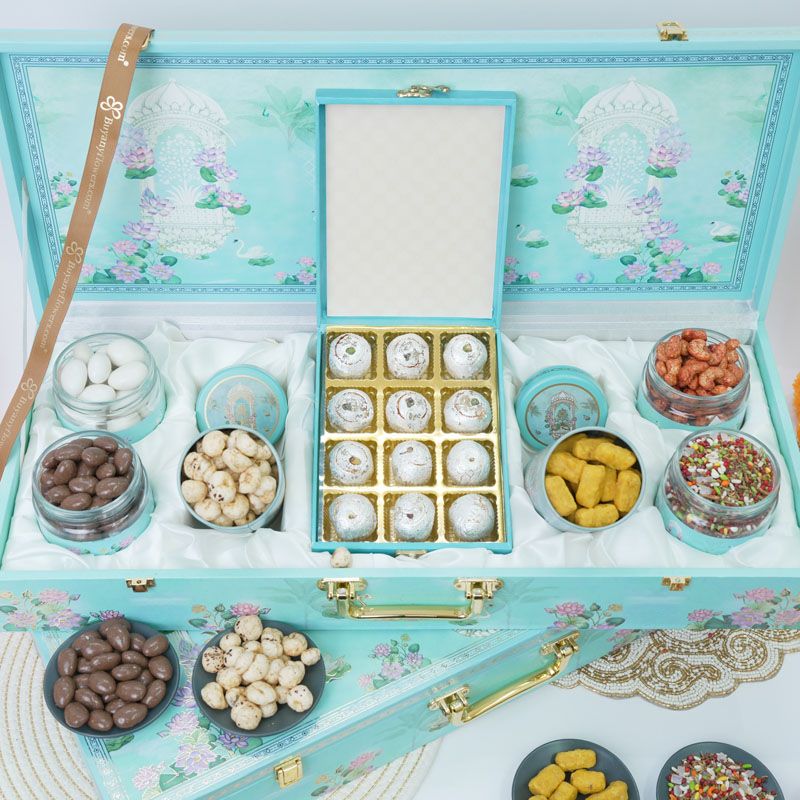 Royal Festive Gift Box with Dry Fruits, Mithai & Diyas – Elegant Blue Hamper thumbnail 2