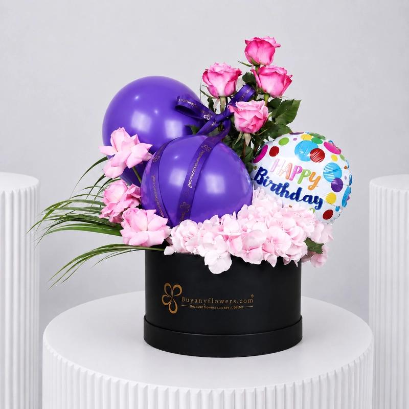 Mauve Birthday Balloon and Flower Box in Dubai