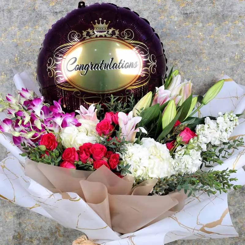 Elegant Flowers and Congratulations Balloon Bouquet thumbnail 2