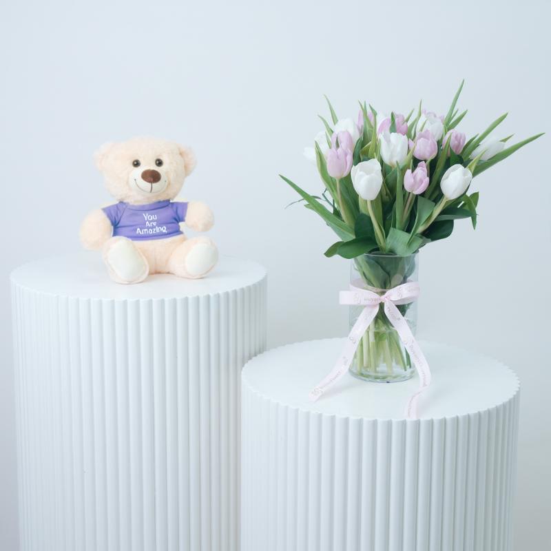 Calm and Beauty 21 Tulips With Teddy - Gift Sets gift from Buy Any Flowers Dubai in Al Quoz Industrial Area 4, Dubai, UAE